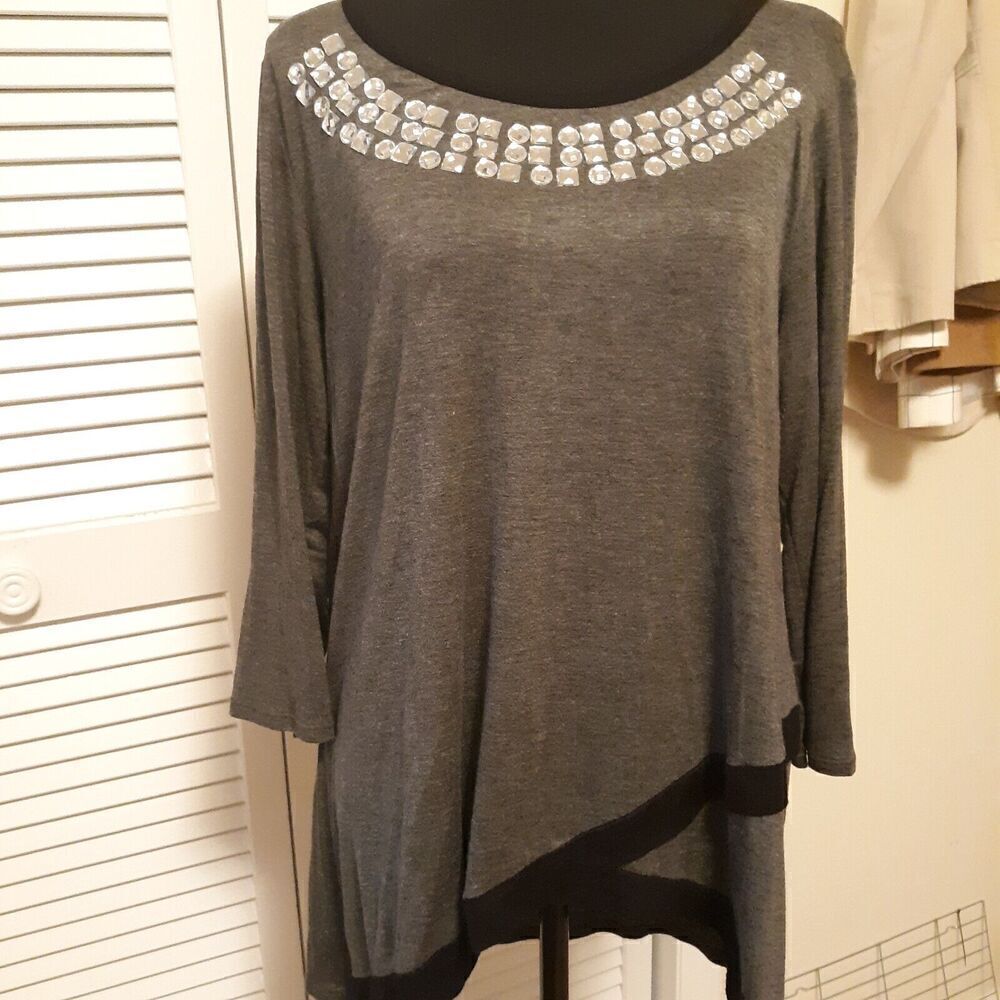 Jeweled Neckline Tunic Top Women's Large Made in USA Gray Castings